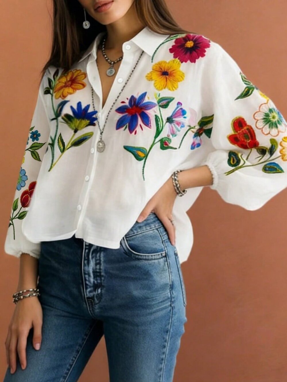 White Boho Women's Casual Multifunctional Minimalist Floral Digital Print Shirt - Picture 1 of 4